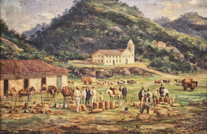 Pintura de tropeiros descansando com as mulas num rancho, perto de uma igreja
