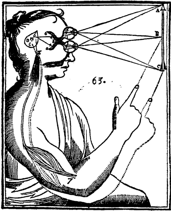 Desenho de René Descartes (1664): a luz entra pelos olhos e chega à glândula pineal, que ele achava ser o ponto de encontro da alma com o corpo.