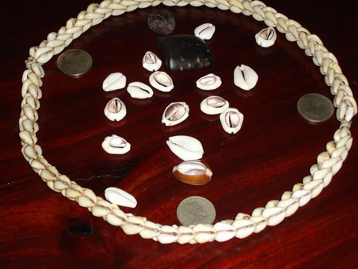 Um jogo de búzios (merindilogun) de Salvador, na Bahia, com o colar de búzios em volta.