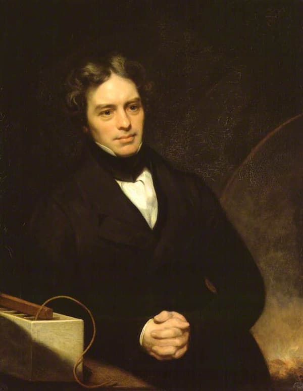 Pintura de Michael Faraday sentado, de casaco escuro