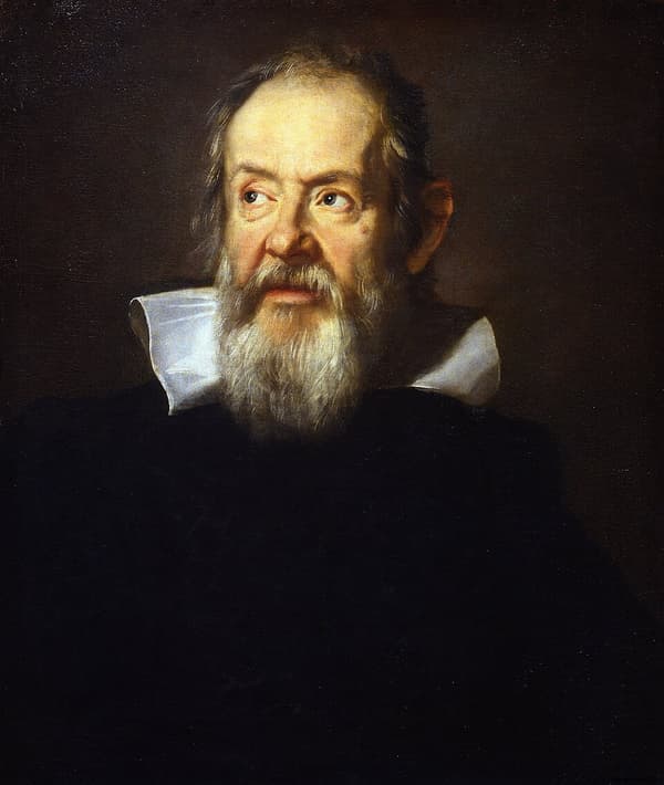 Pintura de Galileu Galilei, de barba branca e gola branca