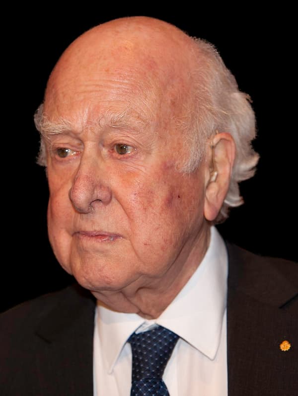 Peter Higgs idoso, de terno e gravata