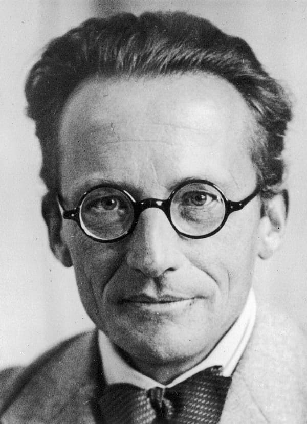 Retrato de Erwin Schrödinger, de óculos redondos e gravata-borboleta