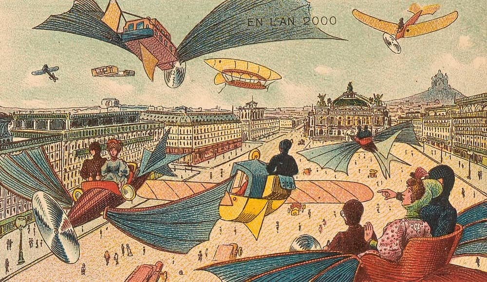 Cartão-postal colorido de 1910 com carros voadores de asas sobre uma avenida de Paris