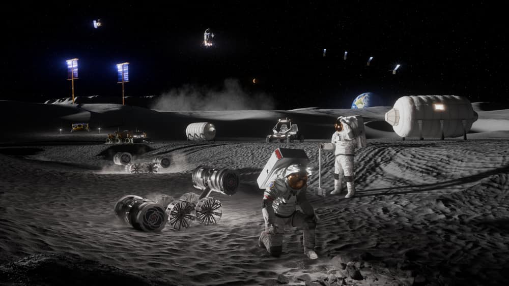 Ilustração de astronautas, módulos habitáveis, jipes lunares e painéis solares numa base no solo da Lua, com a Terra no céu