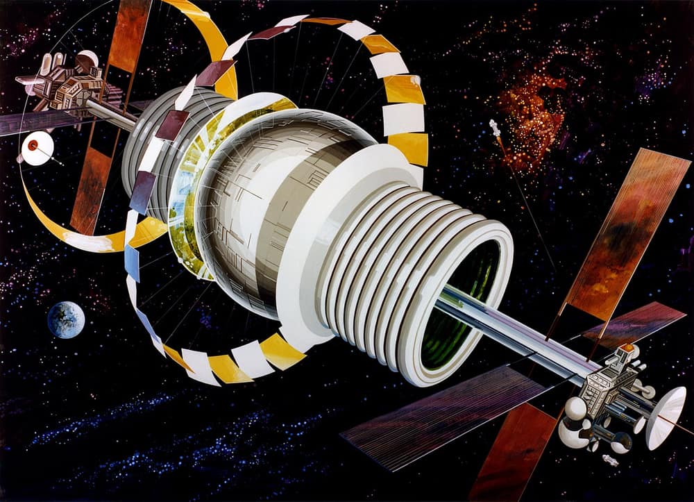 Pintura de uma esfera espacial com anéis de estufas e painéis, a Terra pequena ao fundo