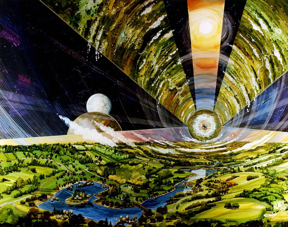 Pintura do interior de um cilindro gigante, com campos e lagos subindo pelas paredes e faixas de janelas mostrando o espaço