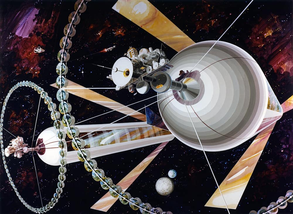 Pintura de um grande cilindro espacial com espelhos e anéis de estufas, flutuando no espaço