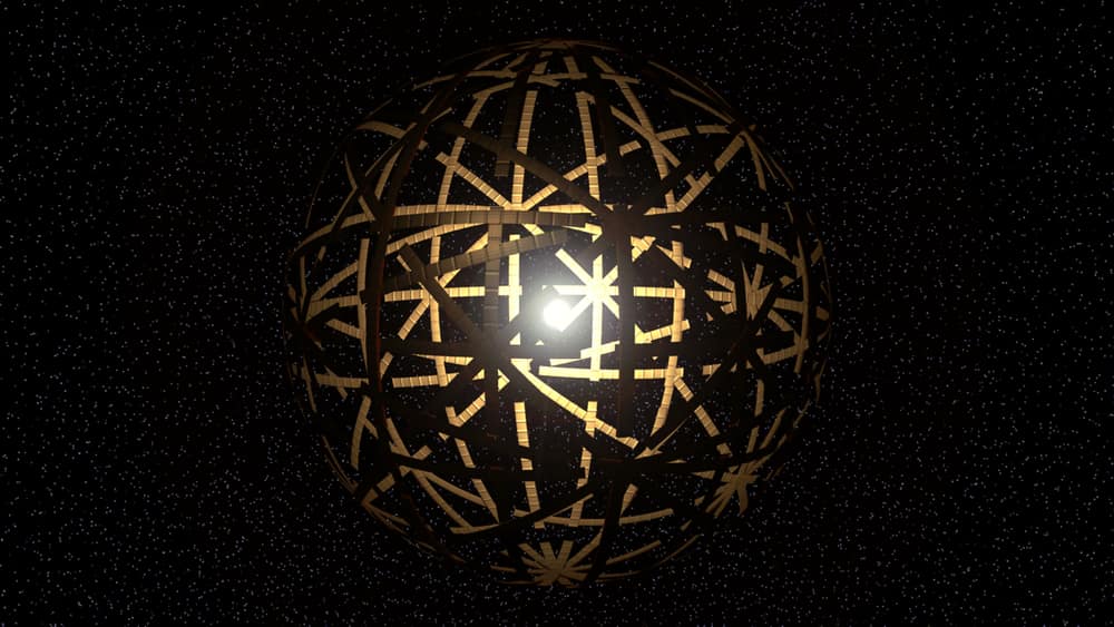 Ilustração de uma estrela envolvida por uma esfera de painéis curvos que deixam escapar a luz