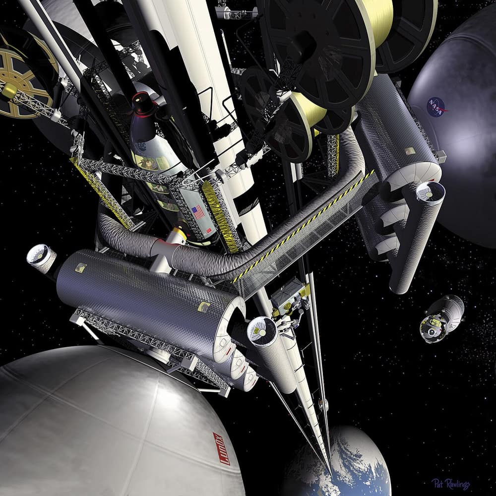 Ilustração de uma estação espacial presa a um cabo que desce até a Terra, lá embaixo