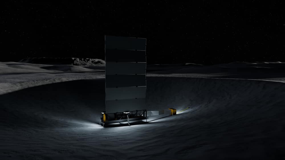 Desenho de uma pequena usina nuclear com um painel vertical escuro numa cratera da Lua, iluminada por luzes