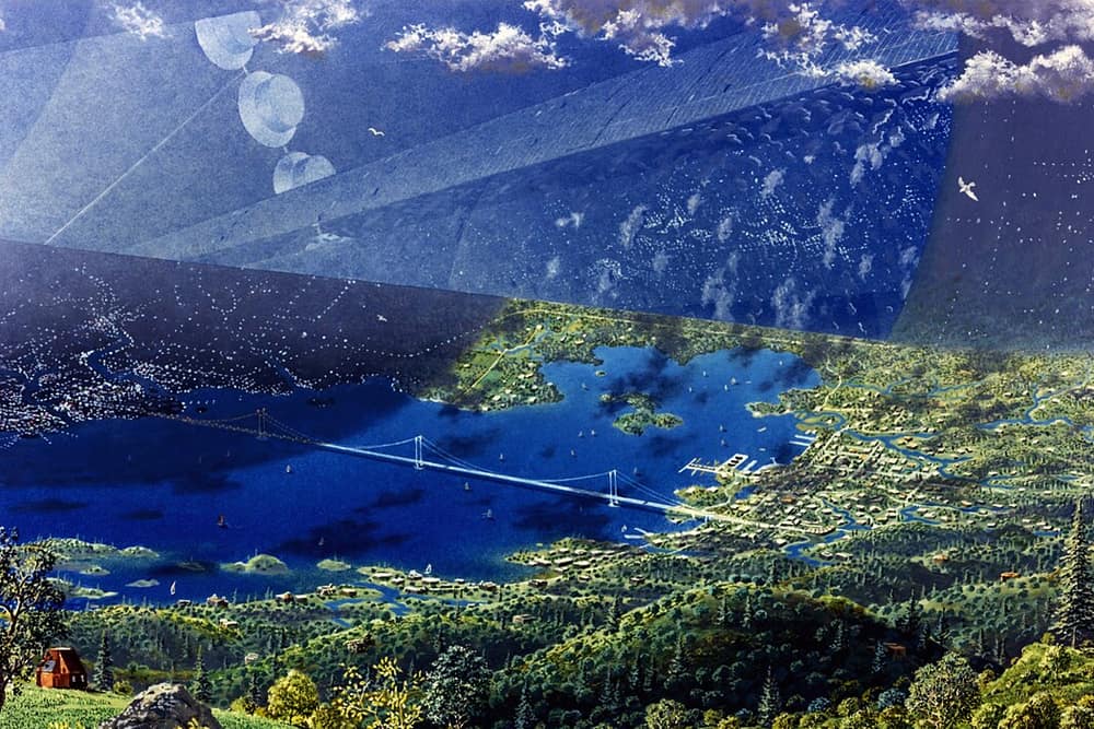 Pintura de uma paisagem com baía, ponte pênsil e florestas que se curva para cima até virar o céu