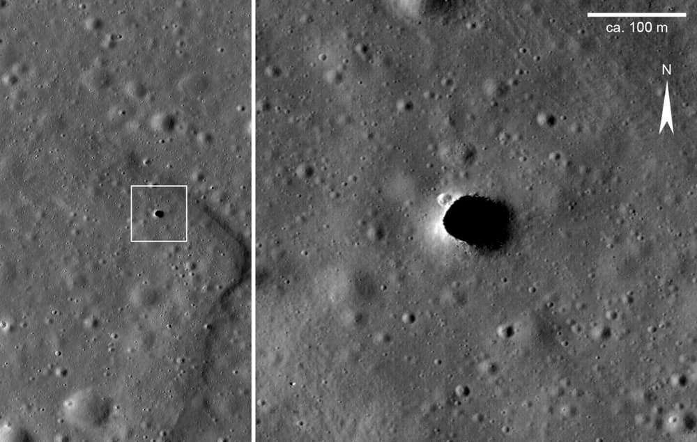 Foto de satélite do solo cinza da Lua com um buraco escuro e redondo, ampliado ao lado