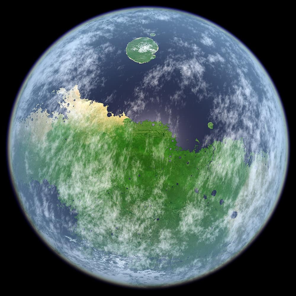 Planeta Marte imaginado com oceanos azuis, continentes verdes e nuvens