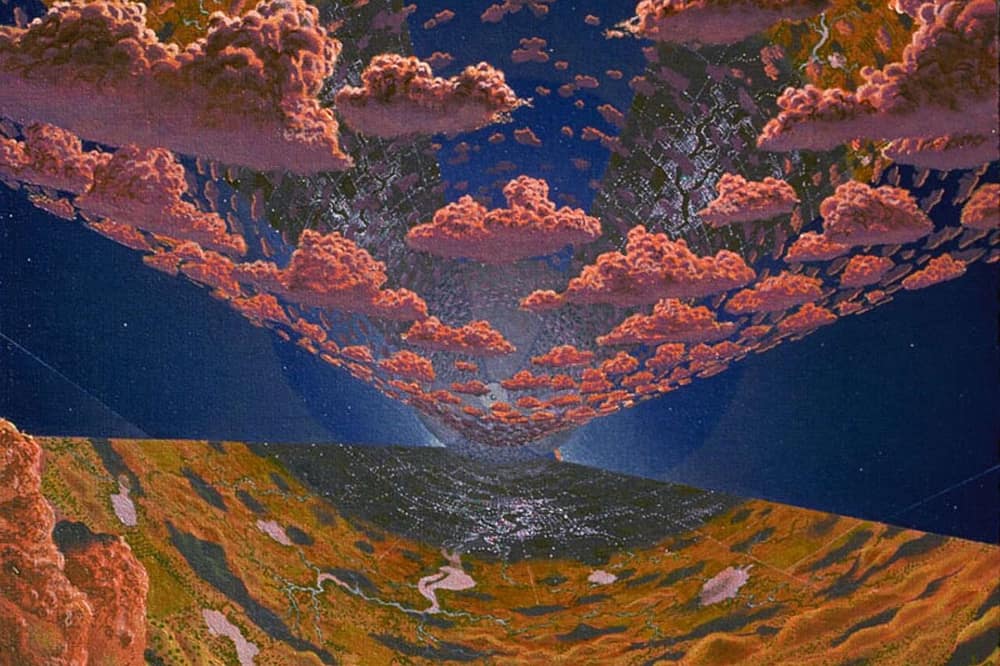 Pintura de nuvens rosadas flutuando no meio de um cilindro gigante, com terras dos dois lados