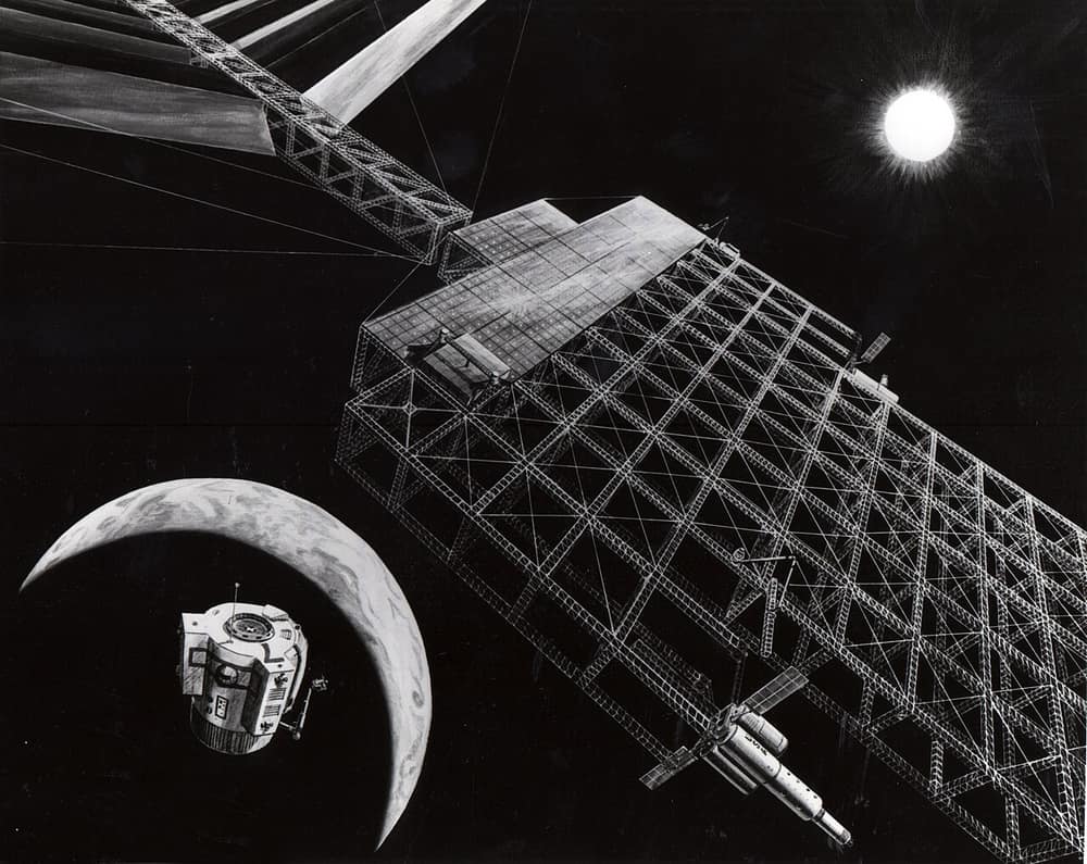 Desenho em preto e branco de uma estrutura gigante de painéis no espaço, com o Sol e a Lua ao fundo