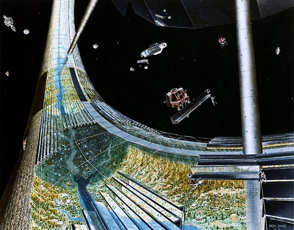 Pintura de uma colônia em anel sendo montada no espaço, com naves e astronautas trabalhando