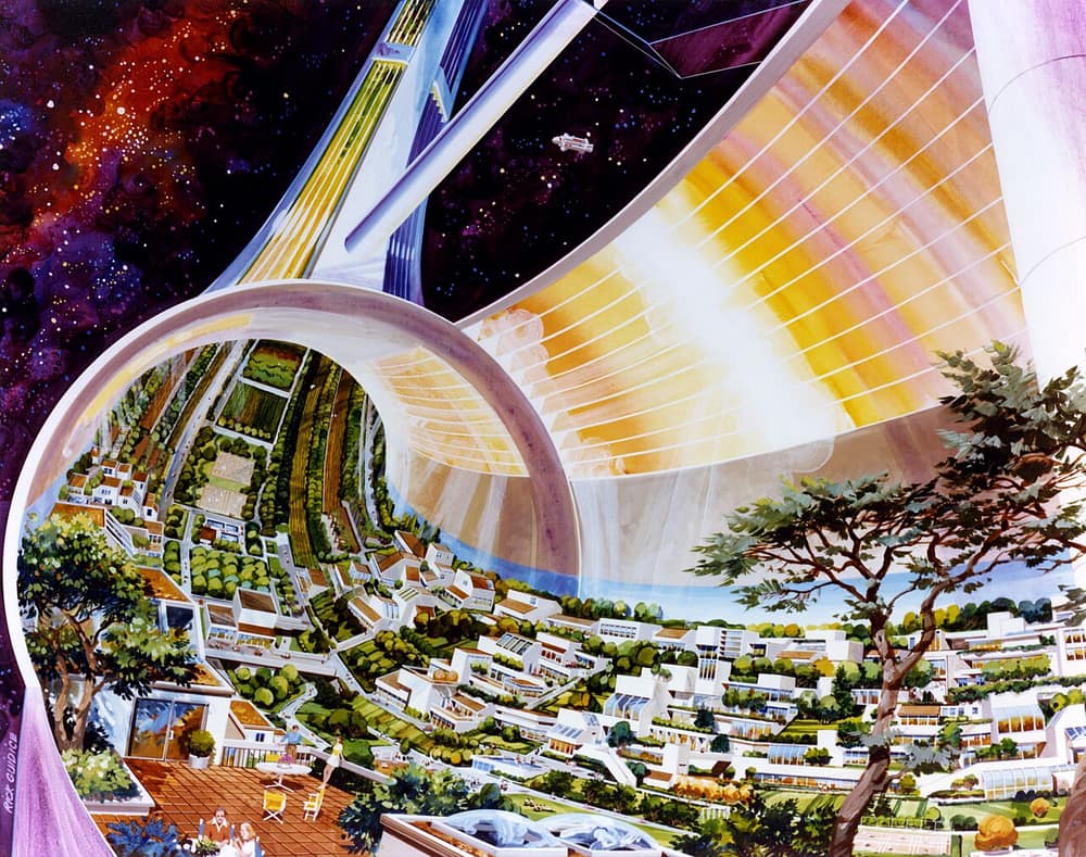 Pintura de uma estação em forma de anel cortada ao meio, mostrando casas, jardins e campos plantados por dentro, com o espaço estrelado ao fundo