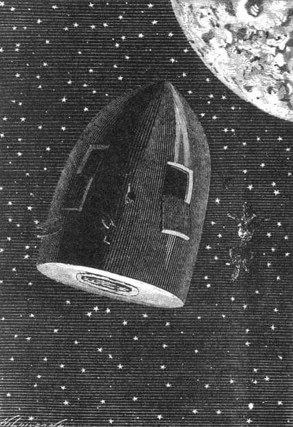 Gravura antiga de uma cápsula em forma de bala voando no espaço estrelado, perto da Lua