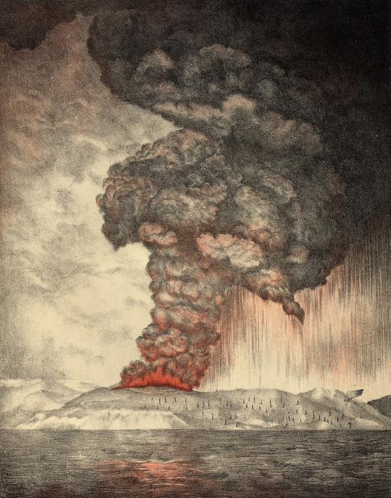 Desenho antigo da erupção do Krakatoa, com uma nuvem enorme de fumaça sobre a ilha