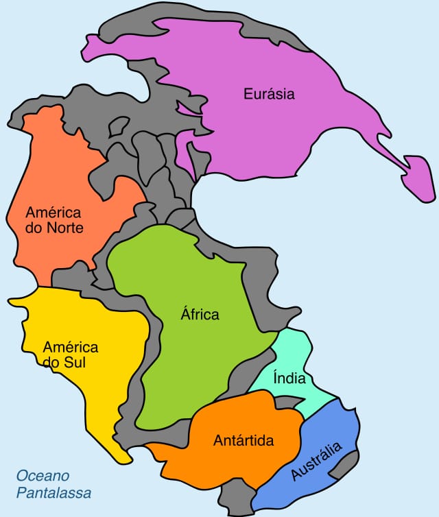Mapa da Pangeia com os continentes de hoje coloridos e encaixados: América do Norte, América do Sul, África, Eurásia, Índia, Antártida e Austrália