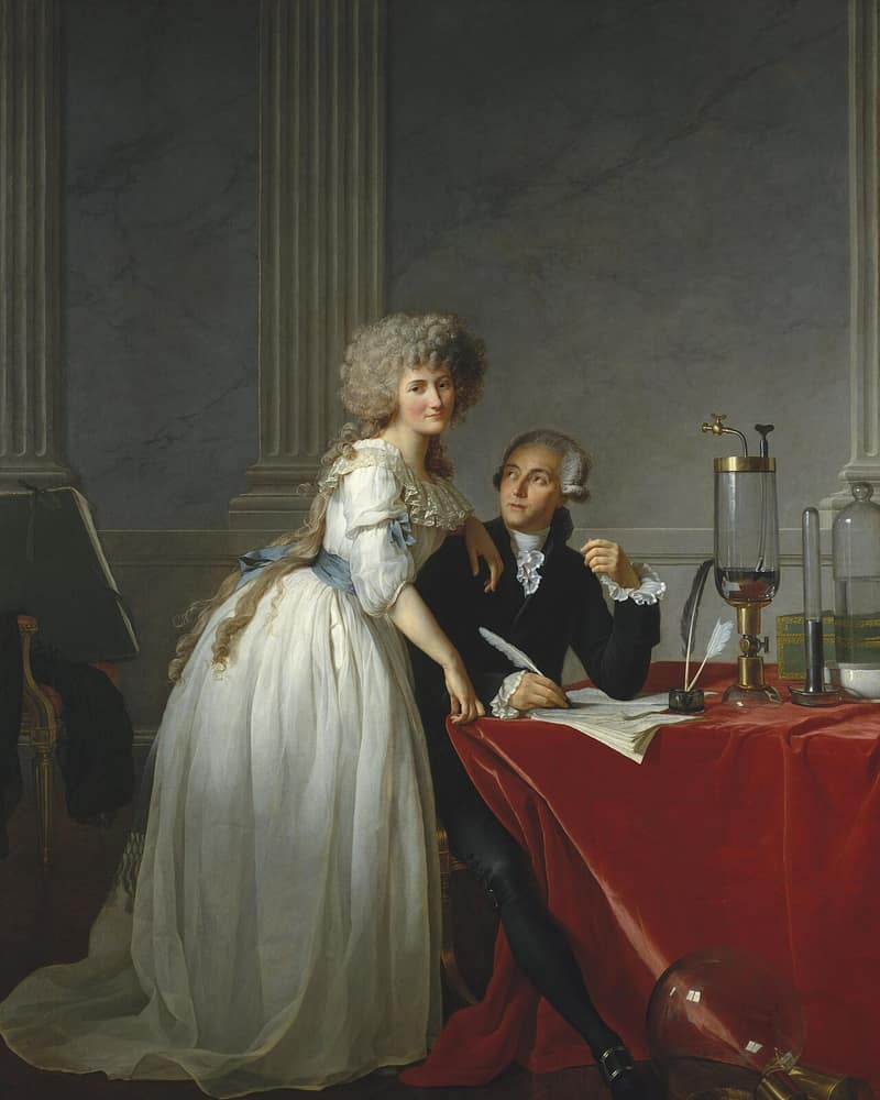 Pintura de Antoine Lavoisier sentado à mesa com aparelhos de química, ao lado da esposa, Marie-Anne