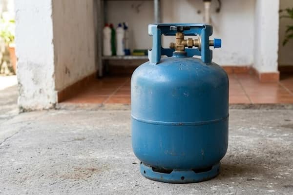 Botijão de gás azul de cozinha em pé num quintal